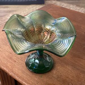 Vintage Fenton Green Carnival Glass Peacock Tail Pedestal Compote